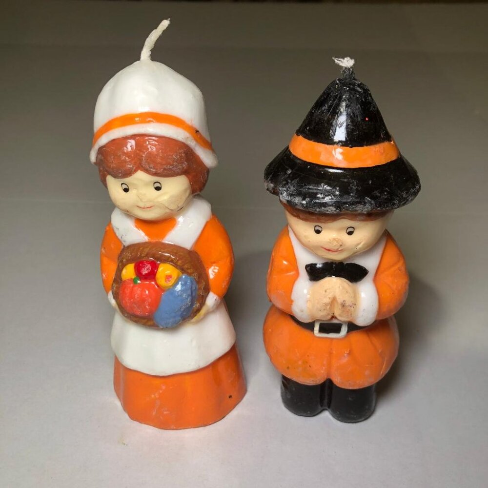 Vintage Thanksgiving Fall Candles Pilgrims Boy Girl Holiday